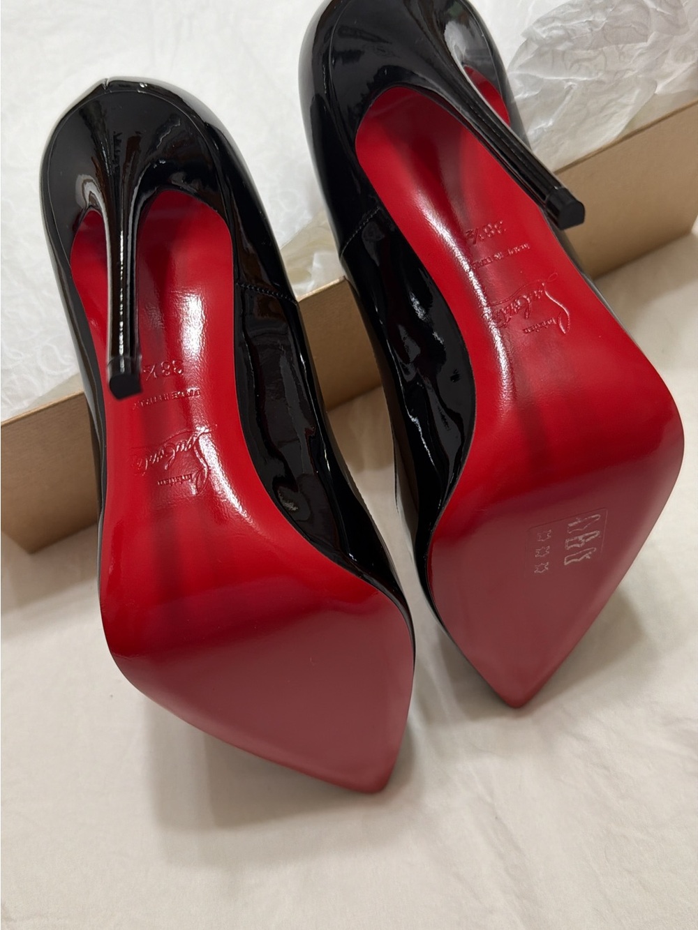 Christian Louboutin Black Patent Pointed Pumps with Signature Red Soles - Picture 4 of 6
